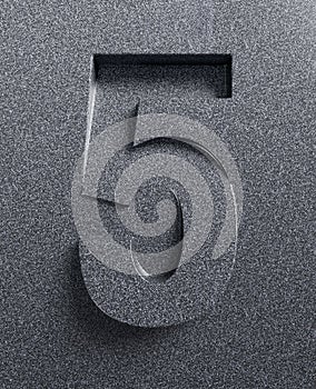 Slanted 3d font engraved and extruded from the surface, number 5