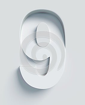 Slanted 3d font engraved and extruded from the surface, number 9