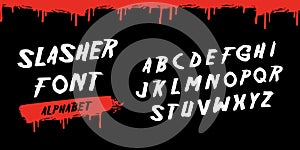 Slasher Title Alphabet, Horror Movie Genre. Scary Halloween font. Bloody typography. Decorative ABC elements.