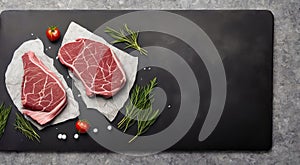 On a slate, a raw steak. On a background of dark shale are two raw steaks. Slice of pork seasoned with herbs, pepper, and salt.