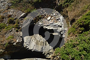 Slate Rock Cracks On The Beach Of The Cathedrals In Ribadeo. August 1, 2015. Geology, Landscapes, Travel, Vacation, Nature. Beach photo