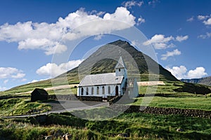 Slate Roofed Church of Viderejde on the Island of Vidoy, Faroe Islands