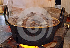 Slaughtering process and traditional production of iberian pork products. Homemade pork food in a small village of Spain.