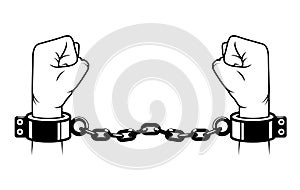 Slave hands with shackles on wrists, handcuffed prisoner, fetter  or manacle on fists, debt concept