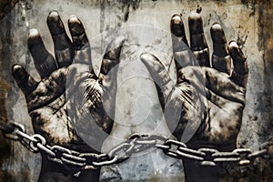 Slavery, forced use of work against persons will. A global problem. Theft. Chains. Forced ownership. Felony criminal