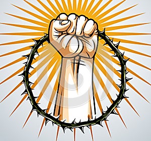 Slavery theme illustration with strong hand clenched fist fighting for freedom against blackthorn thorn, vector logo or tattoo,