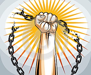 Slavery theme illustration with strong hand clenched fist fighting for freedom against chain, vector logo or tattoo, getting free