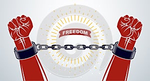 Slavery theme illustration with strong hand clenched fist fighting for freedom against chain, vector logo or tattoo, getting free