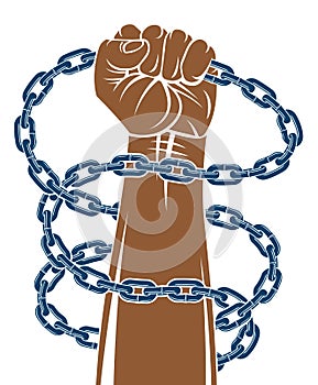 Slavery theme illustration with strong hand clenched fist fighting for freedom against chain, vector logo or tattoo, getting free