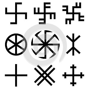 Slavic amulets symbols set. Solar symbols. Swastika. Thunderous sign. Kolovrat and Crosses. Vector illustration