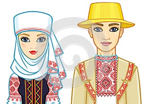 Slavic beauty. Animation portrait of the Belarusian family in national clothes.