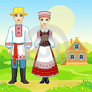 Slavic beauty. Animation portrait of the Belarusian family in national clothes.