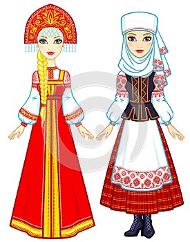 Slavic beauty. Animation portrait of the Russian and Belarusian girls in national suits.