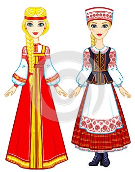 Slavic beauty. Animation portrait of the Russian and Belarusian girls in national suits.