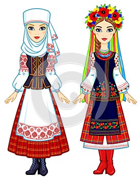 Slavic beauty. Animation portrait of the Ukrainian and Belarusian girls in national suits.