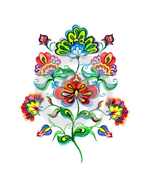 Slavic folk art flowers. Watercolor fairy motif - Eastern european hand crafted floral ornament