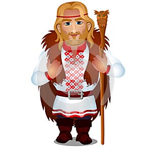 Slavic man in embroidered shirt or vyshyvanka with bear skin and a magic staff isolated on white background. Vector