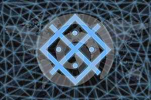 Slavic sign makosh. Abstract illustration. With a dark background and a world map shrouded in a net. Graphic concept for your photo