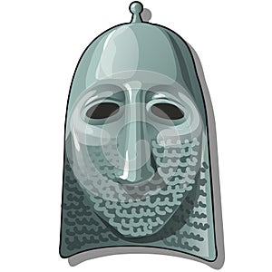 Slavic warrior hat or helmet with hauberk or chain armour isolated on white background. Vector cartoon close-up