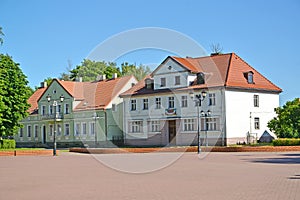 SLAVSK, RUSSIA. Historical buildings on Shkolnaya Street. Kaliningrad region. The Russian text - Phoenix hotel