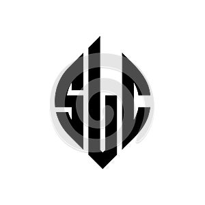 SLC circle letter logo design with circle and ellipse shape. SLC ellipse letters with typographic style. The three initials form a photo