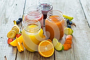 Slection of fresh fruit juices in jars