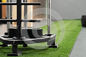 Sled fit young cross training, in the afternoon push muscular from athlete and fitness bodybuilder, prowler health