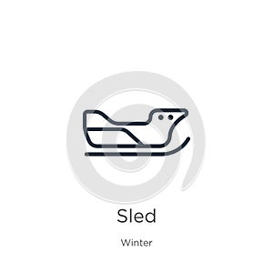 Sled icon. Thin linear sled outline icon isolated on white background from winter collection. Line vector sled sign, symbol for