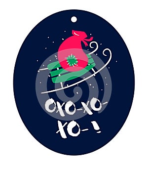 A sledge and a bag of gifts with text on dark background. Flat style. Vector