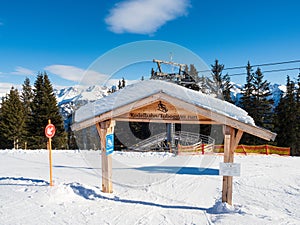 Sledge slope Rodelbahn in winter in resort Ladis, Fiss, Serfaus in ski resort in Tyrol