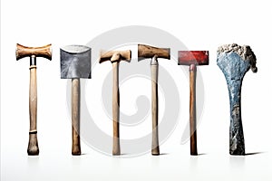 sledgehammer, hammer, pickaxe and ax isolated on white background