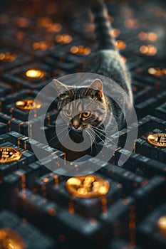 A sleek 3D visualization of a cat navigating through a maze of Bitcoins, symbolizing the unpredictability of cryptocurrency ,