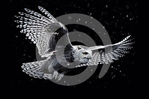 A sleek and agile Snowy Owl flying through the night sky, showing off its sleek and agile nature. Generative AI