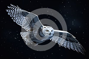 A sleek and agile Snowy Owl flying through the night sky, showing off its sleek and agile nature. Generative AI