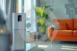 Sleek air purifier stands in focus against a blurred contemporary living room with vibrant orange sofa