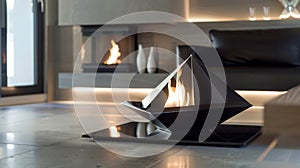 The sleek and angular design of the fireplace is enhanced by its rotating feature making it a statement piece in any