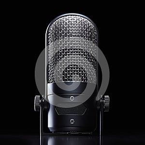 Sleek audio device Metal microphone showcased on a black backdrop