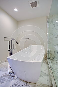 Sleek bathroom with freestanding bathtub photo