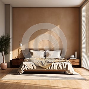 Sleek Beige Brown Wall in a Modern Luxury Bedroom Bathed in Sunlight. Generative AI
