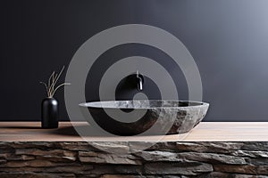 Sleek black basin against black plaster wall in minimal bathroom
