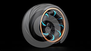 A sleek black and blue tire design on a solid black background