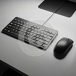 A sleek black computer keyboard and mouse set on a light gray desk