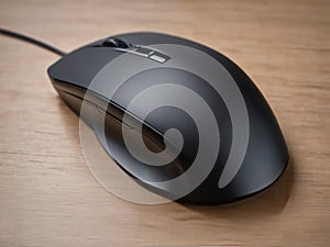 Sleek Black Computer Mouse on Wooden Surface for Modern Office and Gaming Use