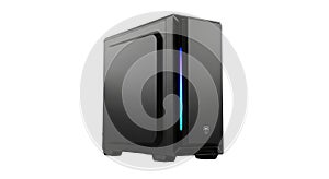 Sleek black computer tower with subtle blue led lighting on a