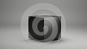 A sleek black cube stands alone on a smooth surface against a neutral background