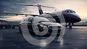 A sleek, black executive car parked in front of a private jet