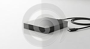 Sleek black external hard drive with usb cable on a white reflective surface