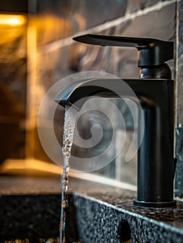 Sleek Black Faucet with Flowing Water in Luxurious Bathroom. Generative ai