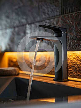 Sleek Black Faucet with Flowing Water in Luxurious Bathroom. Generative ai