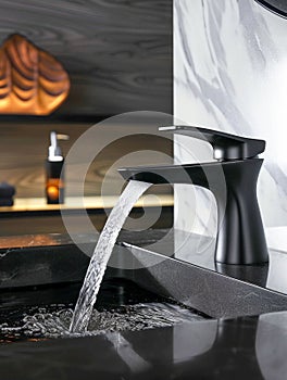 Sleek Black Faucet with Flowing Water in Luxurious Bathroom. Generative ai